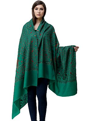 Pepper-Green Tusha Shawl from Kashmir with Sozni-Embroidered Floral Vines and Paisleys