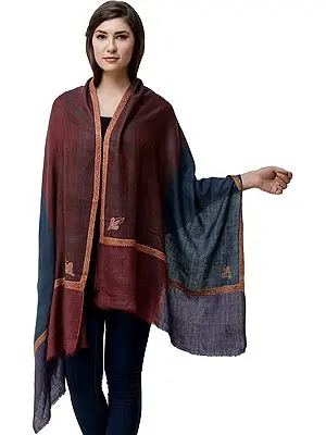 Apple-Butter Cashmere Stole from Kashmir with Sozni Hand-Embroidery on Border