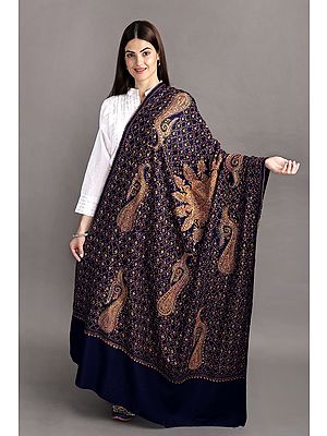 Kashmiri Tusha Shawl with Sozni Hand-Embroidered Giant Mandala and Paisleys