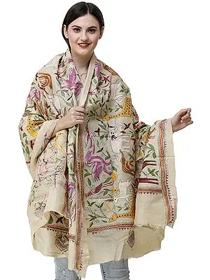 Banana-Cream Dupatta from Bengal with Kantha Embroidered Wild Life