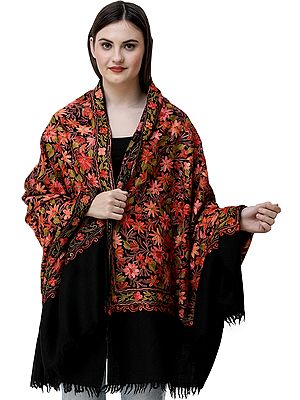 Pirate-Black Shawl from Kashmir with Aari Embroidered Flowers All-Over