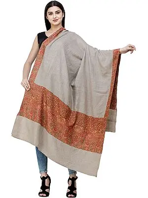 Oxford-Tan Pure Pashmina Shawl from Kashmir with Diamond Weave and Sozni Hand-Embroidered Paisleys