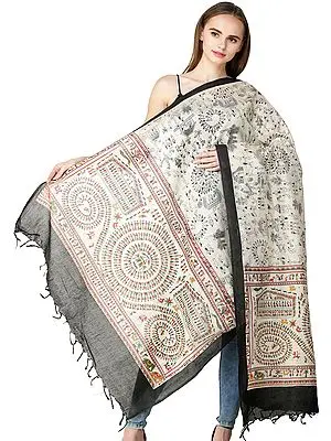 Bleached-Sand Dupatta from Jharkhand with Warli Folk Print