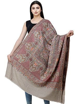 Simply-Taupe Pure Pashmina Shawl from Kashmir with Sozni Hand-Embroidery in Multicolor Thread