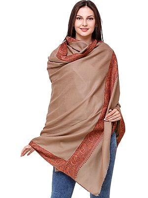 Plaza-Taupe Plain Tusha Shawl from Kashmir with Sozni Embroidered Flowers and Paisleys on Border