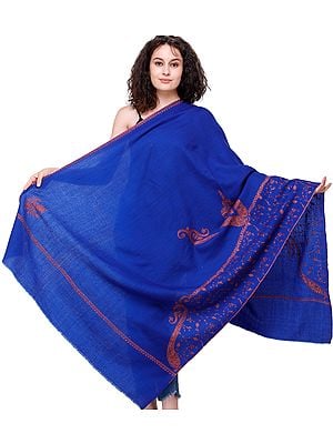 Mazarine-Blue Tusha Shawl from Kashmir with Sozni Embroidered Paisleys and Floral Vines