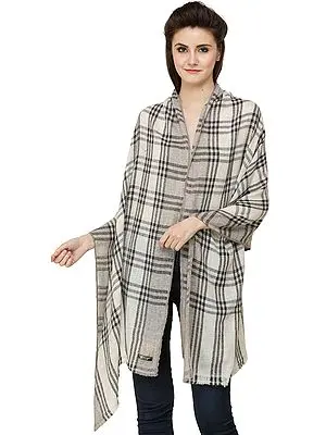Black and White Cashmere Stole from Nepal with Woven Checks All-Over