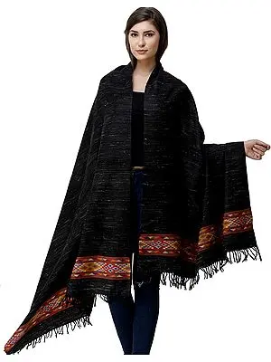 Black-Ink Yak Wool Shawl from Kullu with Kinnauri Woven Border in Multicolor Thread