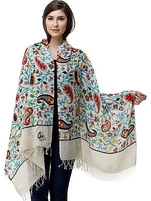 Ivory Stole with Kani Printed Flowers and Embroidered Emblem