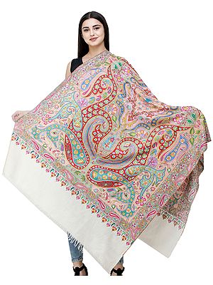 Cream Pure Pashmina Shawl from Kashmir with Sozni Hand-Embroidered Giant Paisleys and Flowers in Multicolor Thread