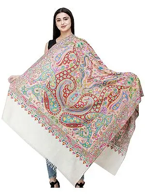 Cream Pure Pashmina Shawl from Kashmir with Sozni Hand-Embroidered Giant Paisleys and Flowers in Multicolor Thread