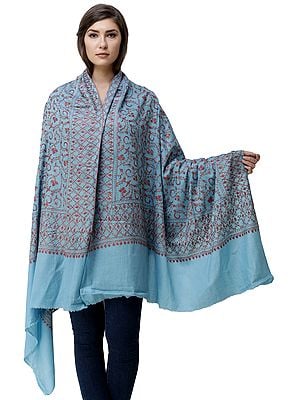 Maui-Blue Cashmere Shawl from Kashmir with Sozni Hand-Embroidered Floral Vines