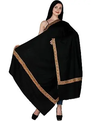 Jet-Black Pure Pashmina Shawl from Kashmir with Kalamkari Hand-Embroidery in Multicolor Thread on Border