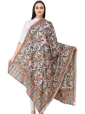 Ivory Pashmina Kani Shawl from Kashmir with Kalamkari Hand-Embroidered Giant Paisleys