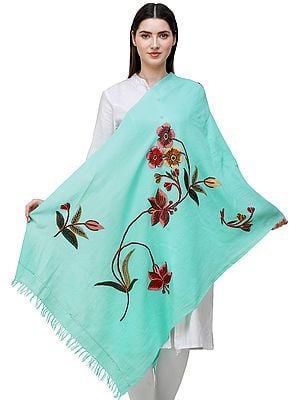Stole from Kashmir with Hand-Embroidered Multicolor Flowers and Vines
