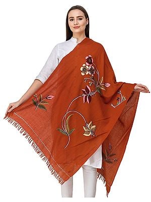 Stole from Kashmir with Hand-Embroidered Multicolor Flowers and Vines