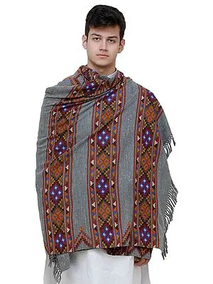 Cloudburst-Gray Men's Shawl from Kullu with Kinnauri Woven Triple Border in Multicolor Thread