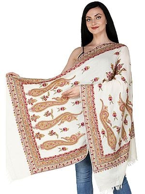 Lily-White Stole from Kashmir with Hand-Embroidered Paisleys and Flowers