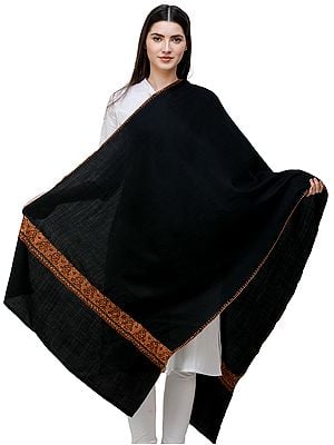 Tusha Plain Stole from Kashmir with Sozni Hand-Embroidery on Border