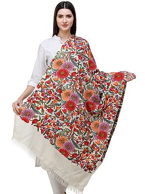 Cream Stole from Kashmir with Hand-Embroidered Multicolor flowers All-Over