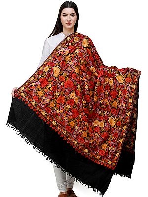 Jet-Black Shawl from Kashmir with Aari-Embroidered Flowers
