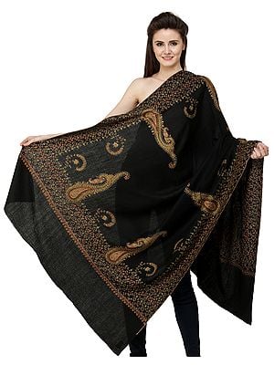 Pirate-Black Tusha Shawl from Kashmir with Sozni Hand-Embroidered Floral Vines and Giant Paisleys