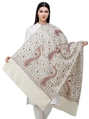 Tusha Stole from Kashmir with Sozni Hand-Embroidered Floral Vines and Paisleys