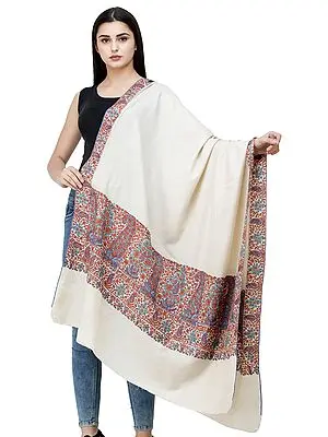 Cream Pure Pashmina Shawl from Kashmir with Sozni Hand-Embroidered Multicolor Paisleys on Border