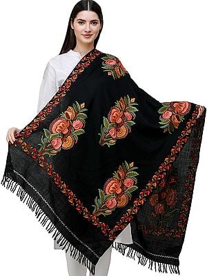 Jet-Black Stole from Kashmir with Hand-Embroidered Flowers All-over