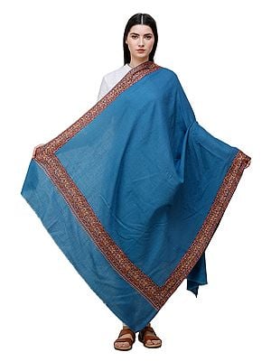Bluesteel Plain Tusha Shawl from Kashmir with Needle Embroidery by Hand on Border