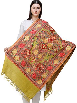 Golden Olive Stole from Kashmir with Aari Embrodiered Flowers All-over