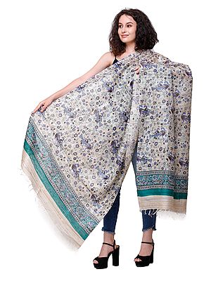 Kosa Silk Handloom Dupatta from Jharkhand with Printed Peacocks All-Over