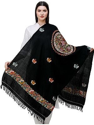 Black Stole from Kashmir with Hand-Embroidered Butterflies and Mandala Core