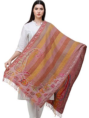 Rainbow Boiled-Wool Stole from Amritsar with Aari Embroidered Paisley