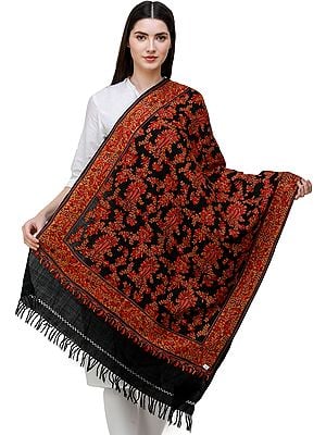 Jet-Black Stole from Kashmir with Hand-Embroidered Pasileys All-over