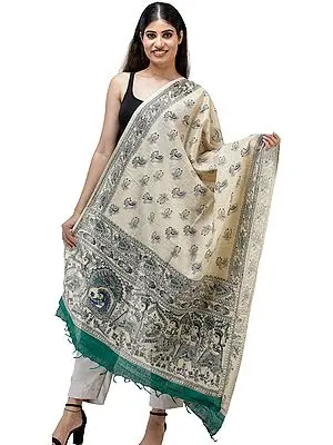 Handspun Cotton Dupatta from Jharkhand with Printed Madhubani Marriage Procession