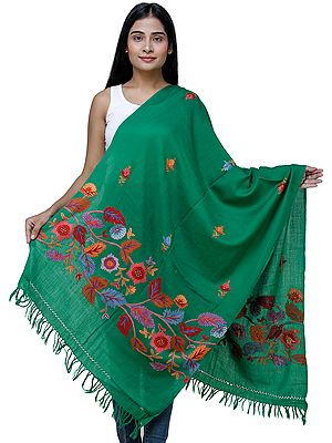 Traditional Woolen Stole from Kashmir with Hand-Embroidered Flowers