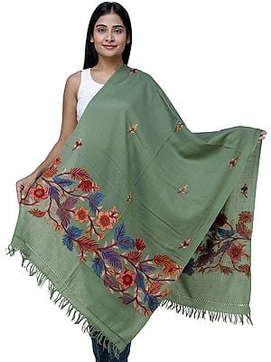 Traditional Woolen Stole from Kashmir with Hand-Embroidered Flowers