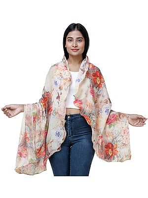 Rosewater Digitally Printed Shawl with Multi-Colored Flowers