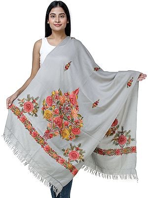Traditional Woolen Stole from Kashmir with Hand-Embroidered Flowers