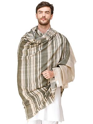 Olive-green and Beige Men's Cashmere Shawl from Amritsar with Woven Plaids
