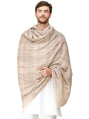 Light-Gray and Beige Men's Cashmere Shawl from Amritsar with Woven Plaids