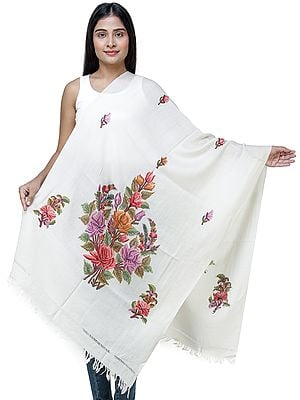 Antique-White Traditional Woolen Stole from Kashmir with Hand-Embroidered Flowers