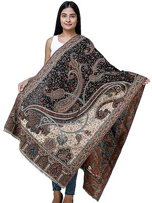 Exotic India Woolen Jamawar Stole - Authentic Jamawar Indian Shawls for Women with Woven Paisleys and Floral Motifs for Any Occasion | Expertly Crafted in Kashmir