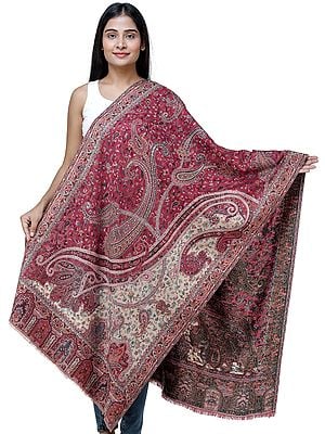 Exotic India Authentic Woolen Jamawar Stole for Women with Woven Paisleys and Floral Motifs for Any Occasion | Expertly Crafted in Amritsar