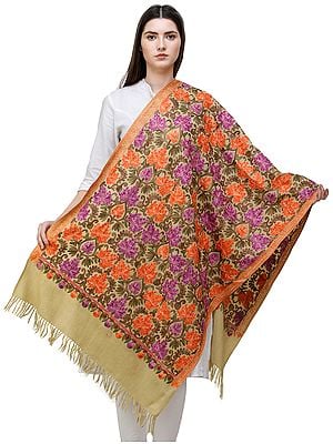 Cedar-Green Aari Woolen Stole from Kashmir with Heavily Embroidered Chinar Leaves