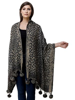 Lava-Gray Jamawar Stole from Amritsar with Faux-Fur Tassels