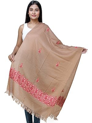 Sirocco-Brown Aari Woolen Stole from Kashmir with Hand-Embroidered Flowers