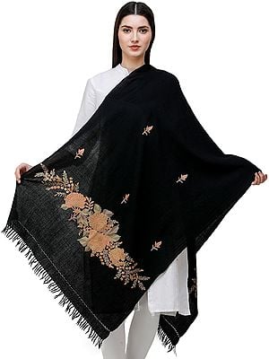 Jet-Black Stole from Kashmir with Hand-Embroidered Floral Vine