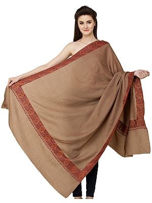 Toffee-Brown Plain Tusha Shawl from Kashmir with Needle Embroidery by Hand on Border